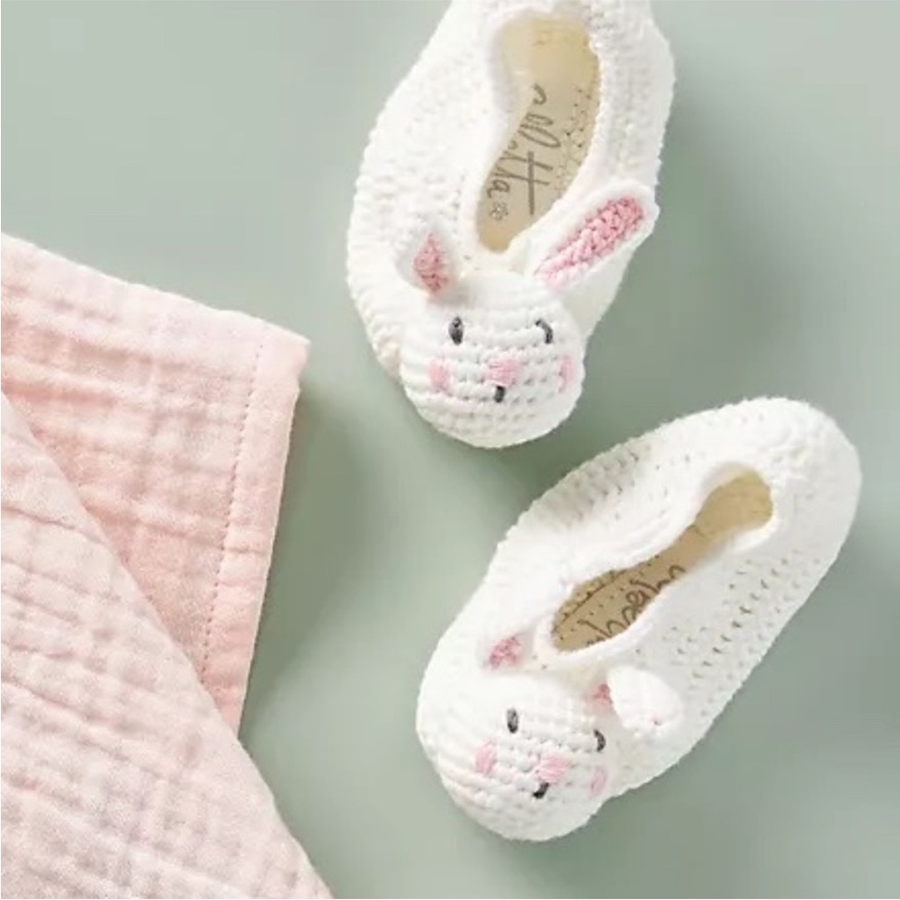 Anthropologie Albetta Bunny Rabbit Crochet Slippers Shoes, Spring Socks White